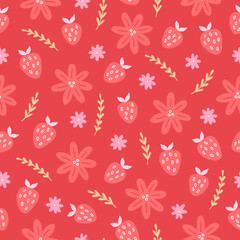 Valentine's Day seamless pattern with flowers, branches, strawberries. Vector illustration