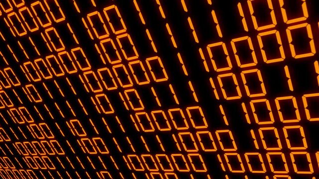 オレンジ色　デジタル数字　二進数　乱数　7セグメント　背景　モーショングラフィックス
