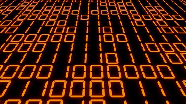 オレンジ色　デジタル数字　二進数　乱数　7セグメント　背景　モーショングラフィックス

