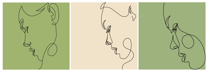 Profile of female cute face drawn by one continuous line. Hand drawn woman portrait. Minimal art. Trendy style. Collection vector design illustration. 