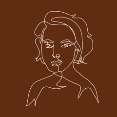 One line woman portrait. Hand drawn abstract face.  Minimal art. Trendy style. 
