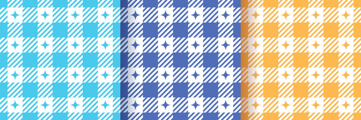 Checkered seamless patterns. Tablecloth vichy prints. Set of gingham backgrounds. Tartan textures. Plaid picnic wallpaper. Flannel backdrop. Retro textile grid. Vector illustration.