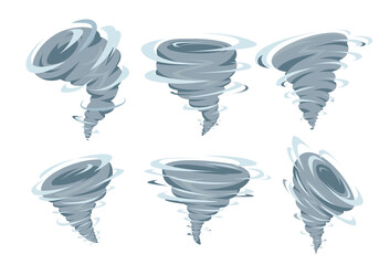 Set of vortex from different formy white background. Vector tornado in cartoon style.