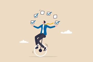 Todo list professional, business or work accomplishment, project management to track completed tasks or checklist to check for completion concept, businessman juggling checkbox on unicycle. - obrazy, fototapety, plakaty