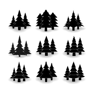 Christmas tree icons of different sizes and different shapes with a shadow on a white background.