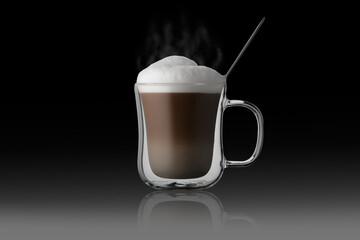 Coffee cup cappuccino with a spoon on a black background. Double glass cappuccino cup on the mirror. Glass cup of coffee on glass. Double glass cup isolated.