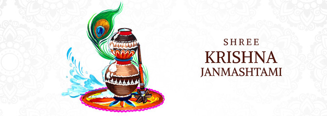 Beautiful religious colorful krishna janmashtami card banner - obrazy, fototapety, plakaty