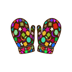 Winter mittens icon with a pattern of various colored geometric shapes on a white background.