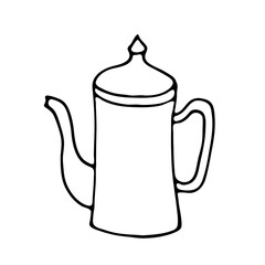 Vector illustration of a coffee maker. Doodle style. Coffee pot for cozy meetings. A black and white hand-drawn image.