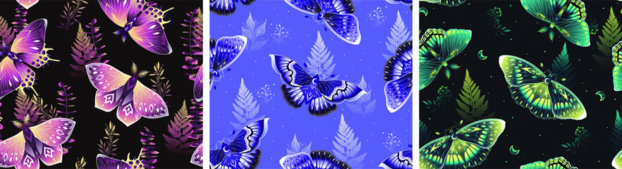 Fototapeta na wymiar Set of seamless patterns with moths. Vector graphics. Contemporary composition. Trendy texture for print, textile, packaging.