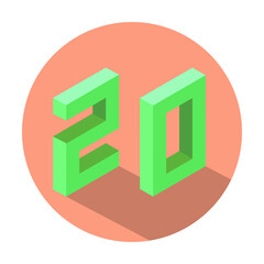 Isometric green number 20 with shadow in Light Salmon color circle