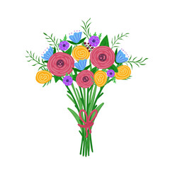 Bouquet of flowers with bow. Vector Illustration for printing, backgrounds, covers, packaging, greeting cards, posters, stickers, textile, seasonal design. Isolated on white background.
