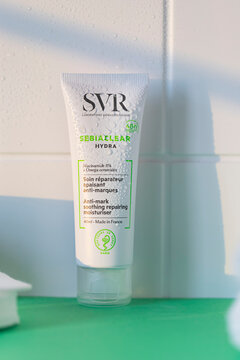 Minsk, Belarus - 15 November 2021. French pharmacy SVR Sebiaclear Hydra moisturiser tube.  Close up	