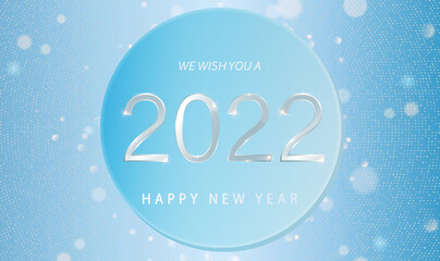 Happy New Year 2022 elegant design. Realistic vector illustration with 3D numbers and and light bokeh effect on a light-blue background. 2022 luxury designs new year celebration. Vector EPS10