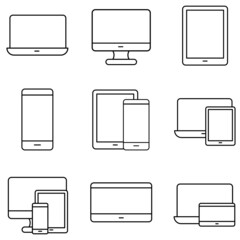 Equipment and electronics related icons. Computer and mobile phone vector linear icon set.