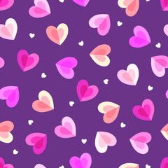 Colorful big hearts and little white hearts on a purple background. Seamless cute pattern. Valentine day, celebration. Suitable for wrapping paper.