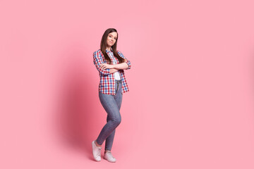 Full body photo of young charming lady crossed hands confident wear casual clothes isolated over pink color background