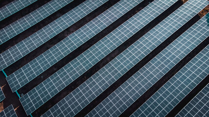 Solar cell panel from aerial view. Photo landscape of a solar farm producing clean energy.