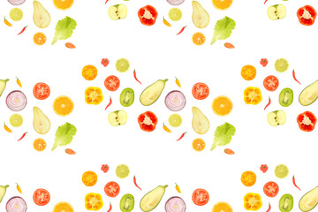 Fruits and vegetables slices isolated on white. Seamless pattern.