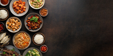  chinese traditional food on dark background, top view, banner - obrazy, fototapety, plakaty