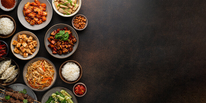  chinese traditional food on dark background, top view, banner