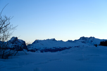 Swiss mountain village Stoss, Canton Schwyz, on a beautiful winter morning. Photo taken December 21st, 2021, Stoos, Switzerland.