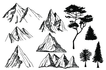 Fototapeta premium Set of hand drawn mountain and trees illustrations. Design element for poster, card, emblem, sign banner. Vector image