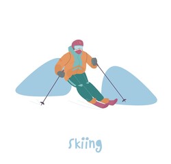 Man skiing down the snowy hill. Winter sports, outdoor activity concept.