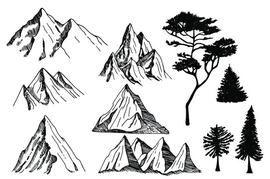 Set of hand drawn mountain and trees illustrations. Design element for poster, card, emblem, sign banner. Vector image
