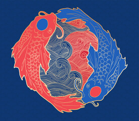 illustration with stylized fishes, abstract yin and yang idea, orange and blue