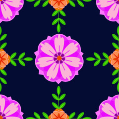 Geometric continuous pattern of abstract flowers on a dark background.Vector vegetable grid.For tile, wallpaper, embroidery, decoration, print.