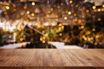 Fototapeta Title: background Image of wooden table in front of abstract blurred restaurant lights
 obraz