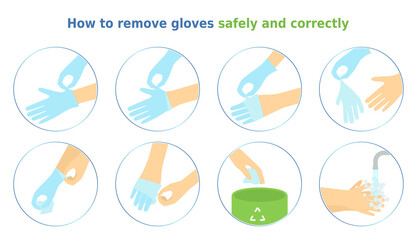 How to remove gloves safely and correctly. 8 icons set of removing disposable gloves step by step. Health safety infographic. Colorful instruction for health posters and banners. - obrazy, fototapety, plakaty