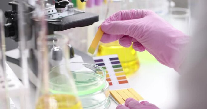 Scientist chemist checking acidity of liquid in petri dish using litmus paper in laboratory closeup 4k movie