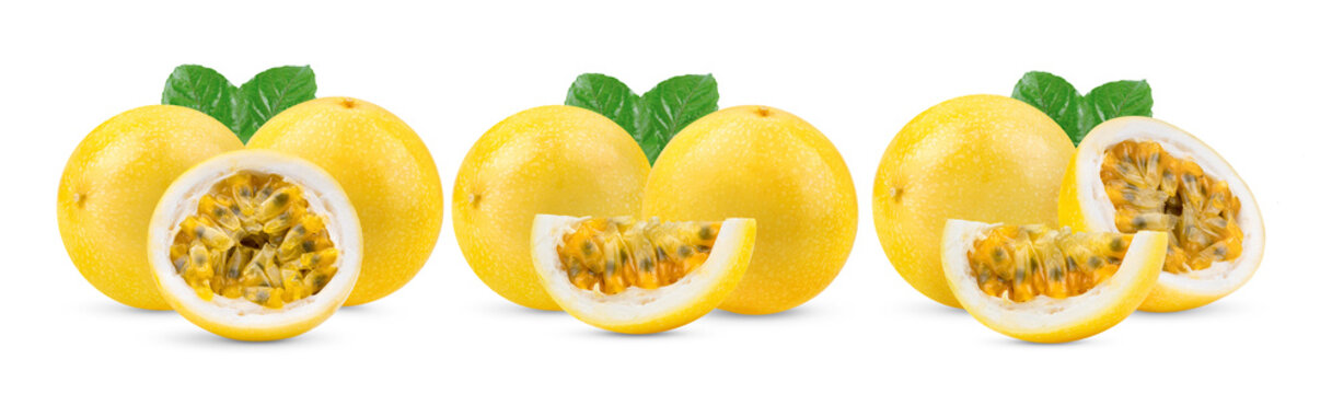 Yellow passion fruit with leaves isolated on white