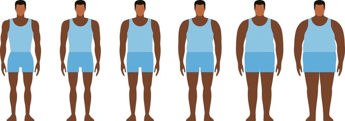 Men with different body masses. Flat vector illustration 