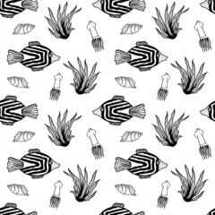 Seamless pattern with fishes, algae, squid and shells. Black and white hand drawn vector illustration. Seamless background. Wallpaper design. Fabric design. Simple vector pattern with cute fishes.