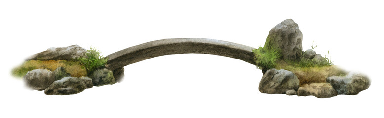 A small wooden footbridge with stones and grass hand drawn in watercolor isolated on a white background. Watercolor illustration.