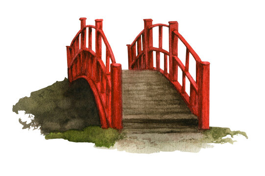 A red japanese wooden footbridge for a garden hand drawn in watercolor isolated on a white background. Watercolor illustration.
