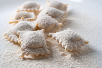 Ravioli pasta raw squares sprinkled with flour on a light background.