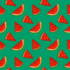 Seamless pattern with watermelon on teal green background. Vector image.