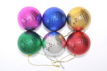 Multicolored christmas balls for new year tree on white background