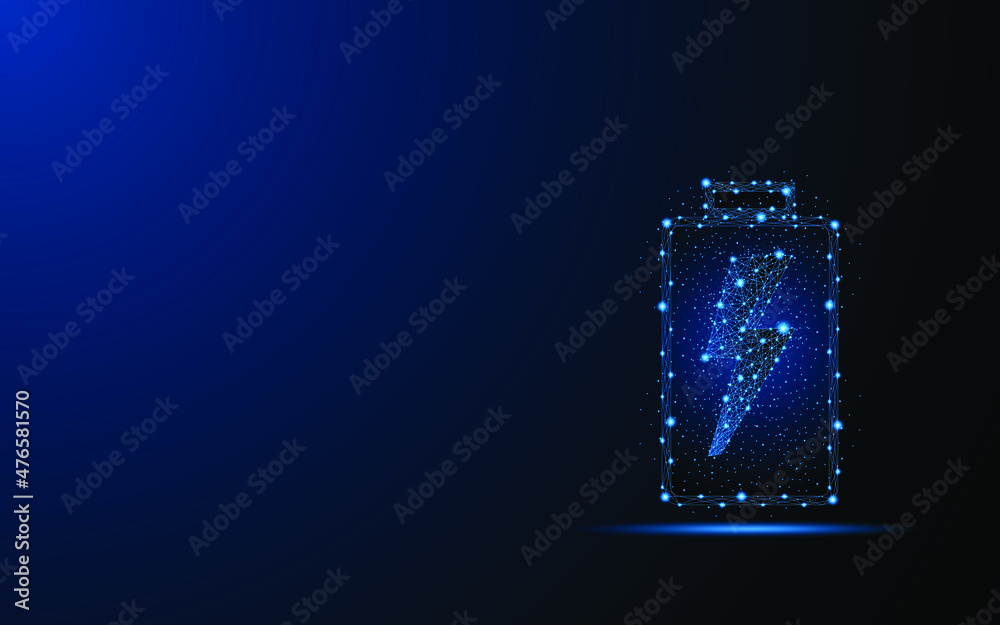 Aufkleber abstract battery charging on dark blue background. digital low poly wireframe style design with conn
