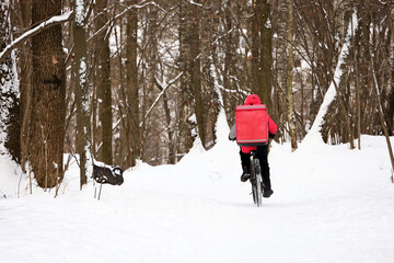 Delivery service courier with a thermos bag riding bicycle by the snow in park. Food delivery home
