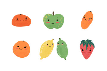 Cute kawaii cartoon fruits characters set. Happy fruits smiles, apple, lemon, orange, tangerine, kumquat , strawberry.