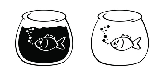 cartoon, comic fish bowl or aquarium. Goldfish in a bowl. Fishbones or fishbone sign. Swims underwater. Vector swimming in the sea, ocean icon or pictogram.