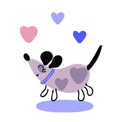 Hand drawn romantic valentine puppy and hearts. Perfect for T-shirt, postcard, textile and print. Doodle vector illustration for decor and design.
