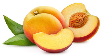 Peach with leaf isolated on white background