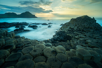 Sunset at the Giant's Causeway in County Antrim, Northern Ireland.