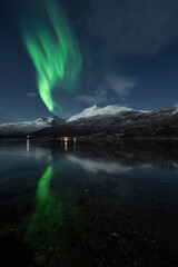 Northern lights (Aurora borealis) reflected in a freezing fjord in northern Norway
